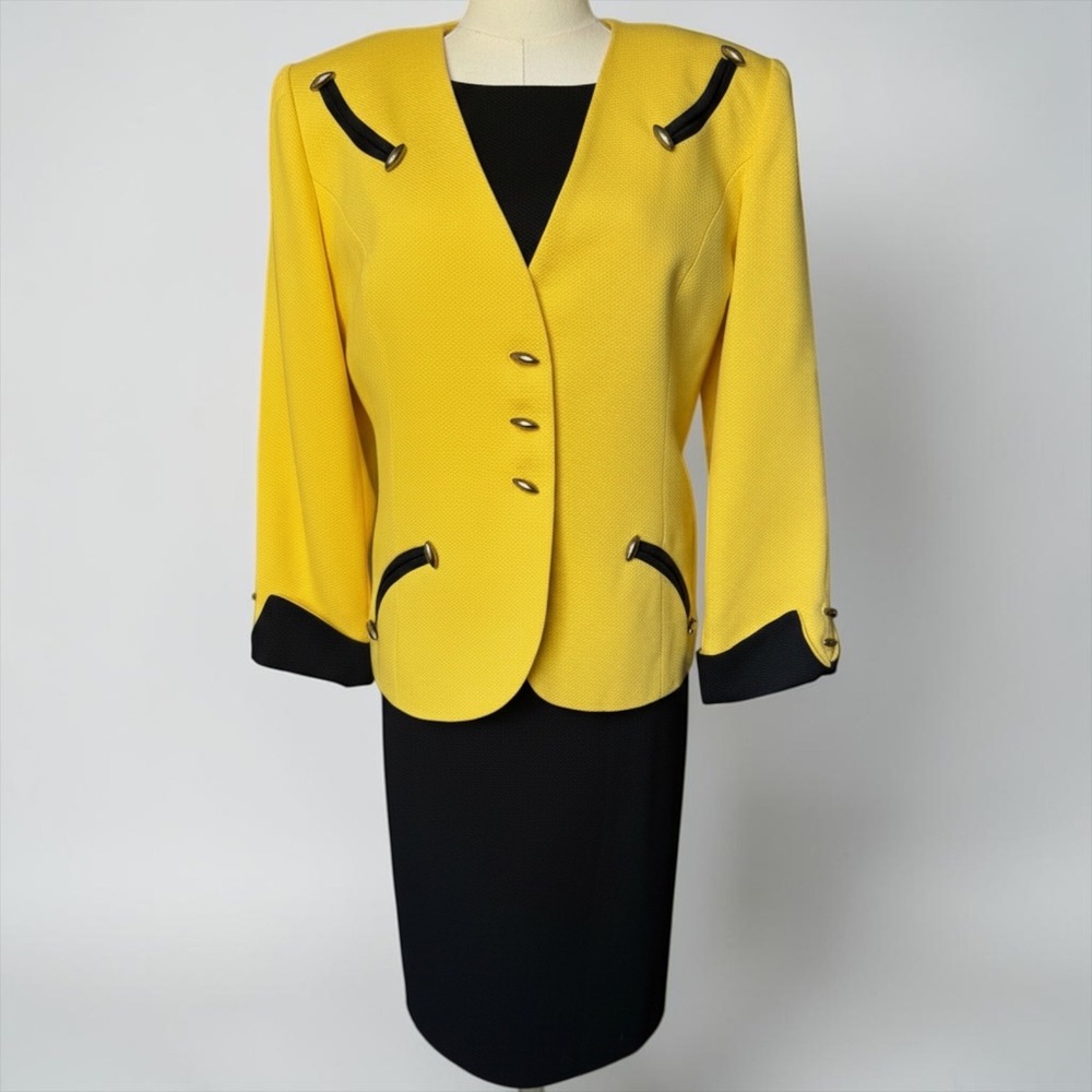 Vintage Don Elliot Yellow Black Dress Suit Size 14 Textured Piqué Set